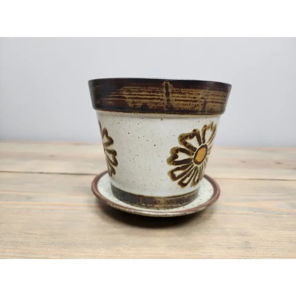 VintageOtagiri Stoneware Flower Pot Planter Hand Painted Flowers Drain Hole 5”